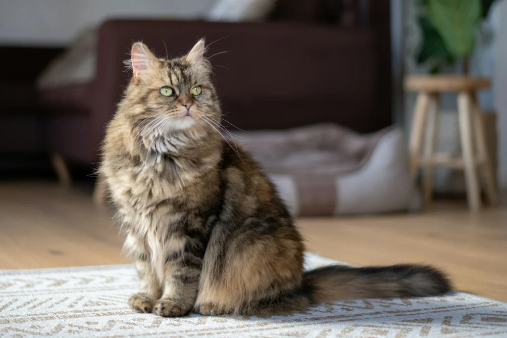 A long-haired cat sitting indoors on a rug.